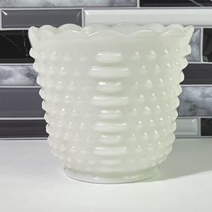 VINTAGE  Milk Glass Planter Vase Cachepot Hobnail White Scallop Edge Fire King